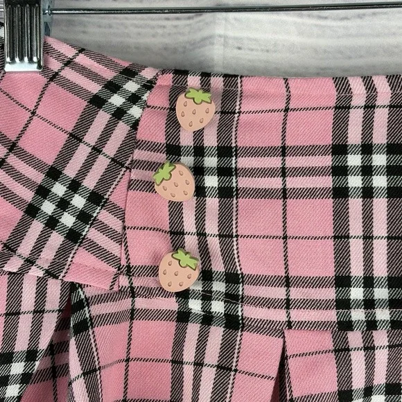 Y2K Hot Topic Baby Pink Strawberry Button Lace Detail Pink Plaid Mini Skirt SM - Picture 2 of 8